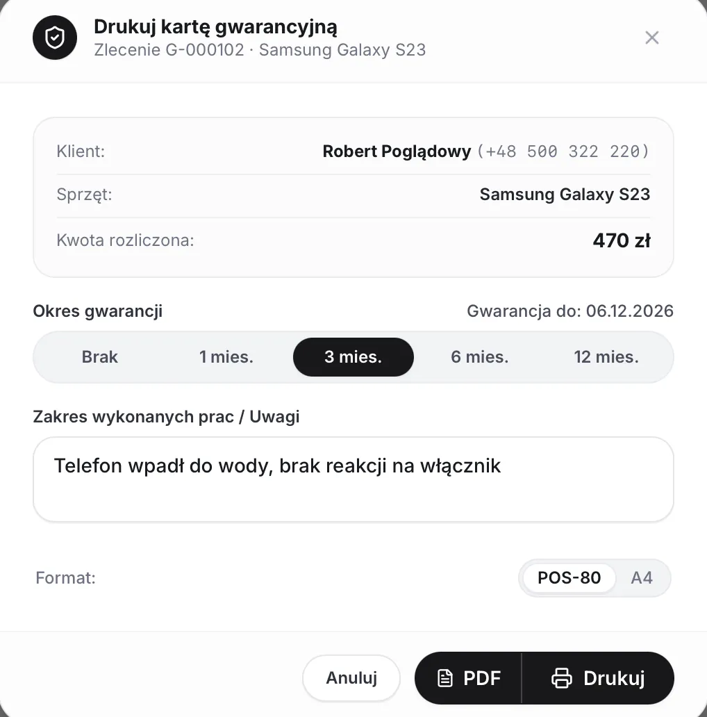 Wydruk karty gwarancyjnej i protokołu wydania sprzętu z kodem QR
